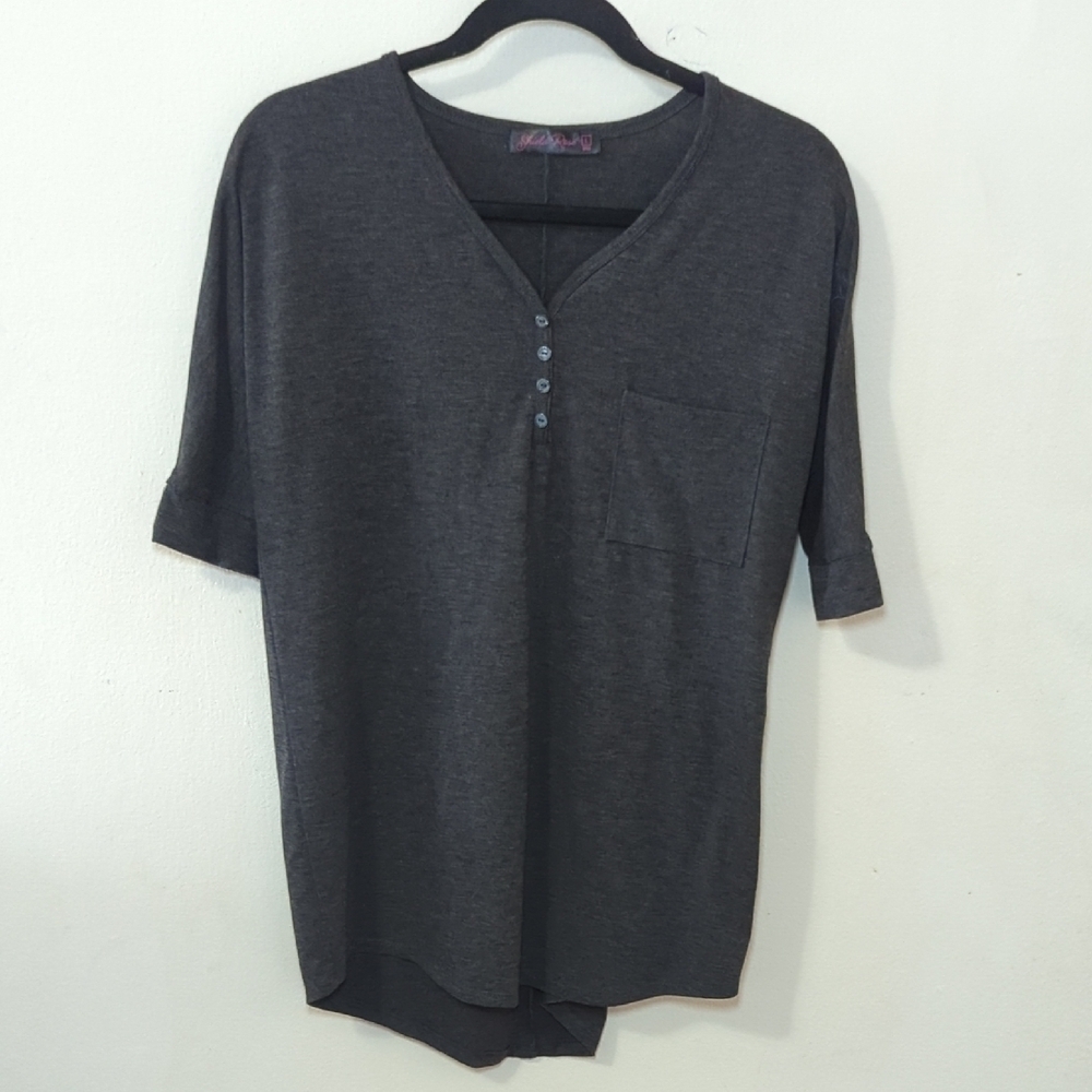 Shiela Rose Gray Henley Top Elbow Length Sleeves V-Neck Women's Size Large